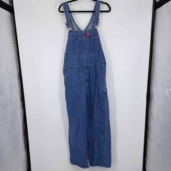 Y2k Dickies Bib Overalls Mens 34x30 Blue Denim Carpenter Workwear Utility Pocket - Picture 4 of 11